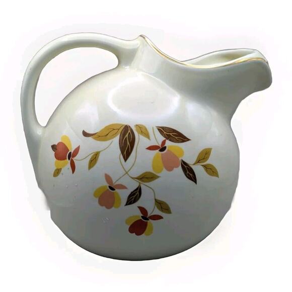 Vtg Hall Jewel Tea Autumn Leaf BALL Pitcher 7 1/2" tall Ice Lip Gold Rim 80 oz. - Picture 2 of 9